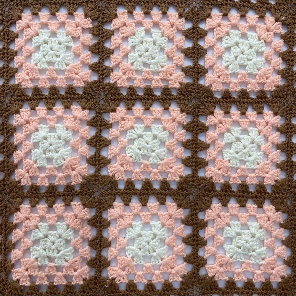 Vintage Crochet Granny Square Afghan Roseanne Style Brown White Pink 62x40 in